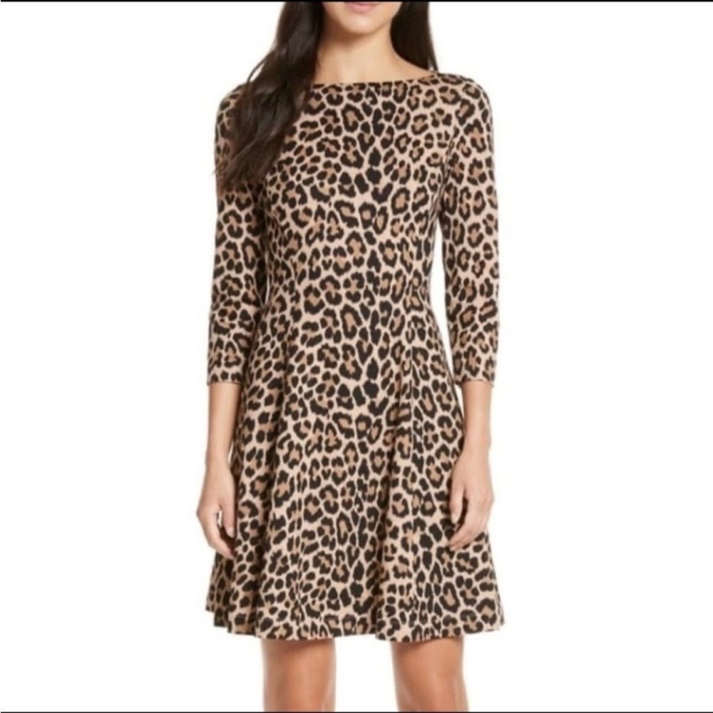 Kate Spade Leopard-print Ponte Dress Fit & Flare 3/4 Sleeves Brown Size 10